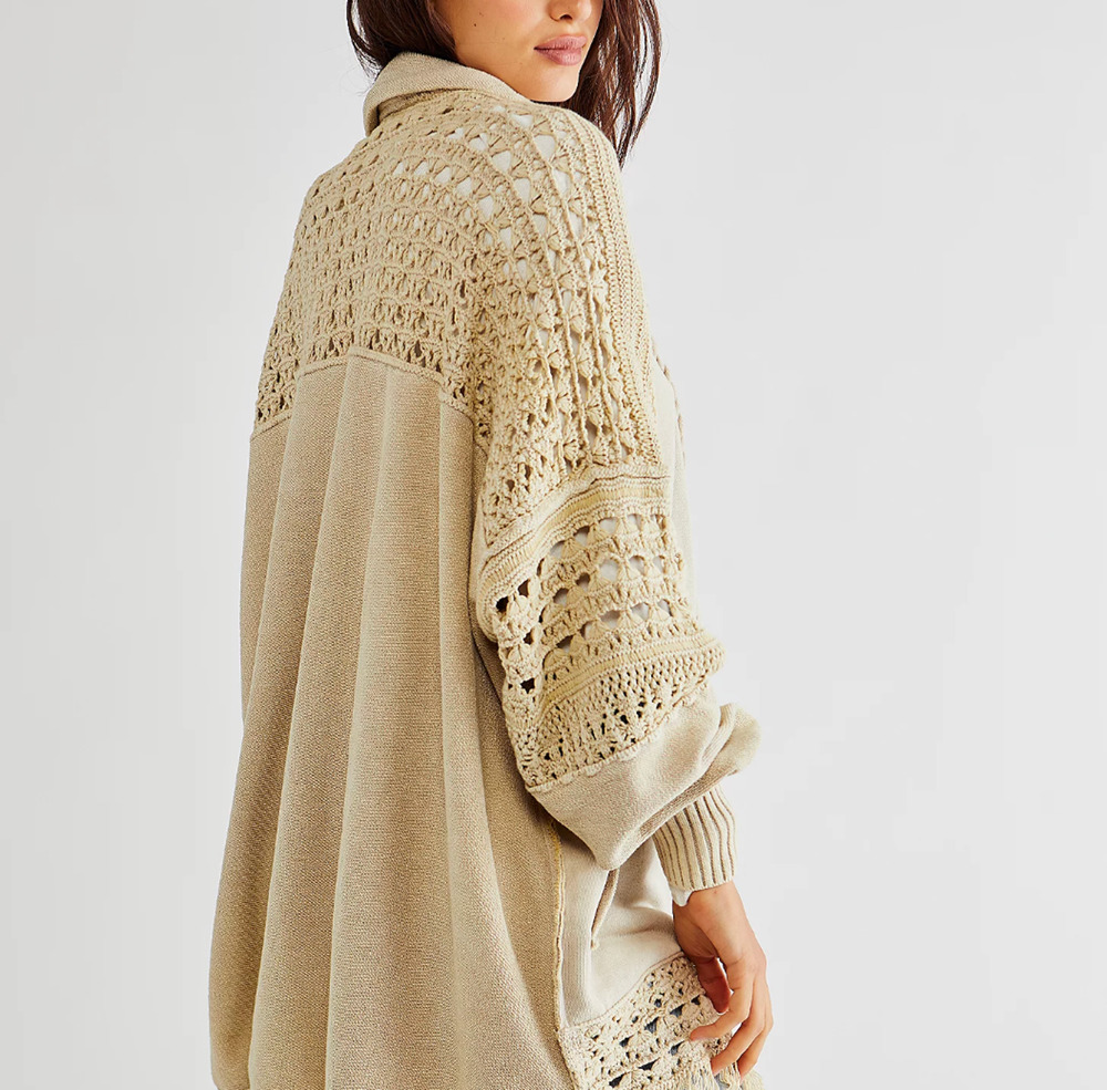 Free People Dune Bug Cardi Sweater Crochet Sleeve Funnel Neck Zip Up Boho M
